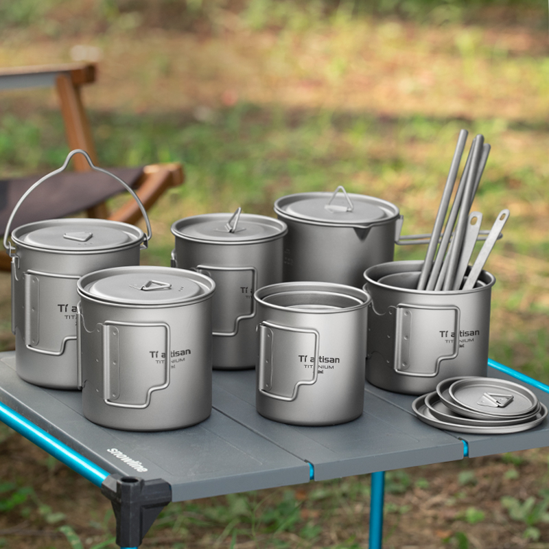 Camping Cooking Pan Set - Tiartisan Outdoor Titanium Lightweight Portable Tea